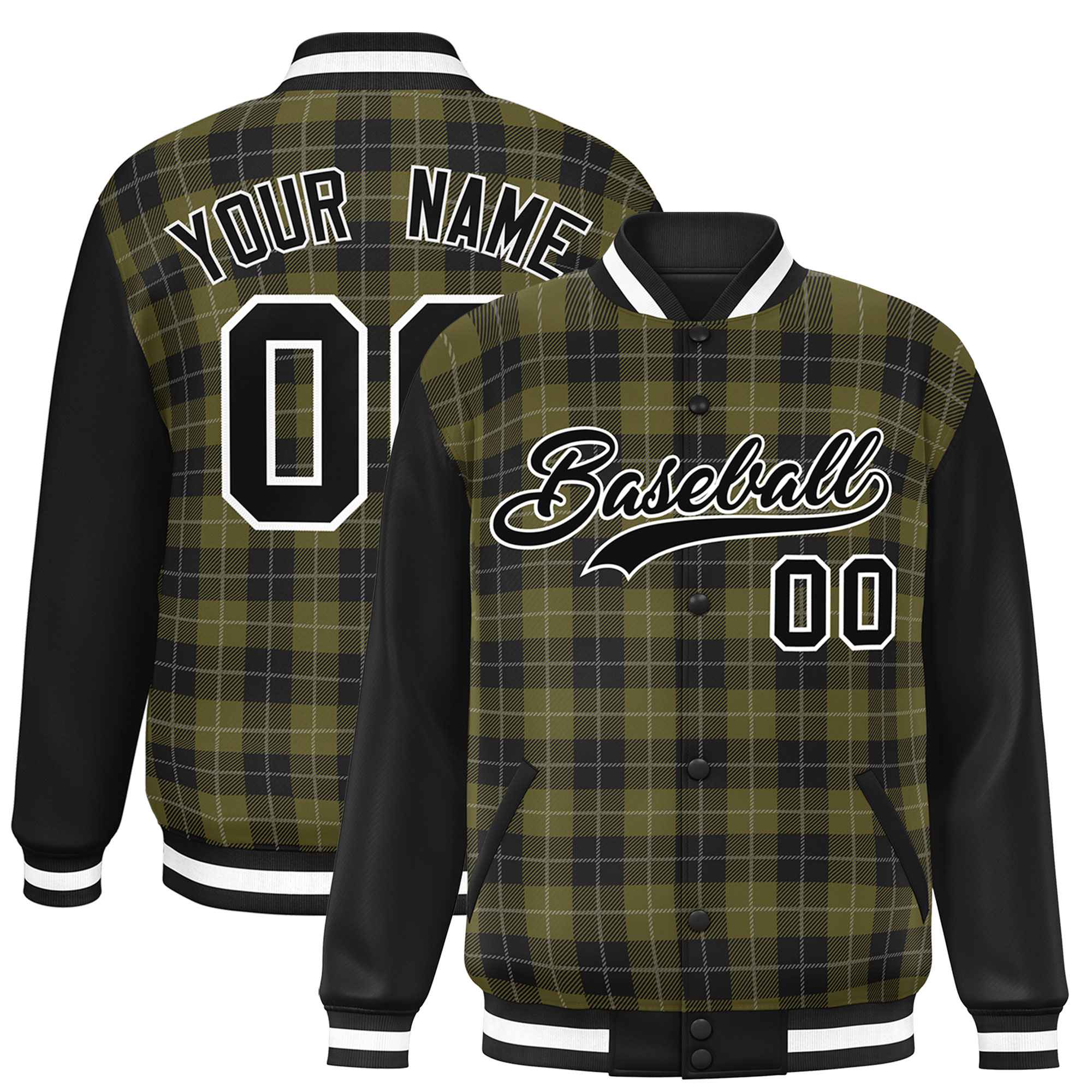 Custom Olive Black-Gray Varsity Full-Snap Plaid Pattern Letterman Baseball Jacket