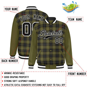 Custom Olive Black-Gray Varsity Full-Snap Plaid Pattern Letterman Baseball Jacket