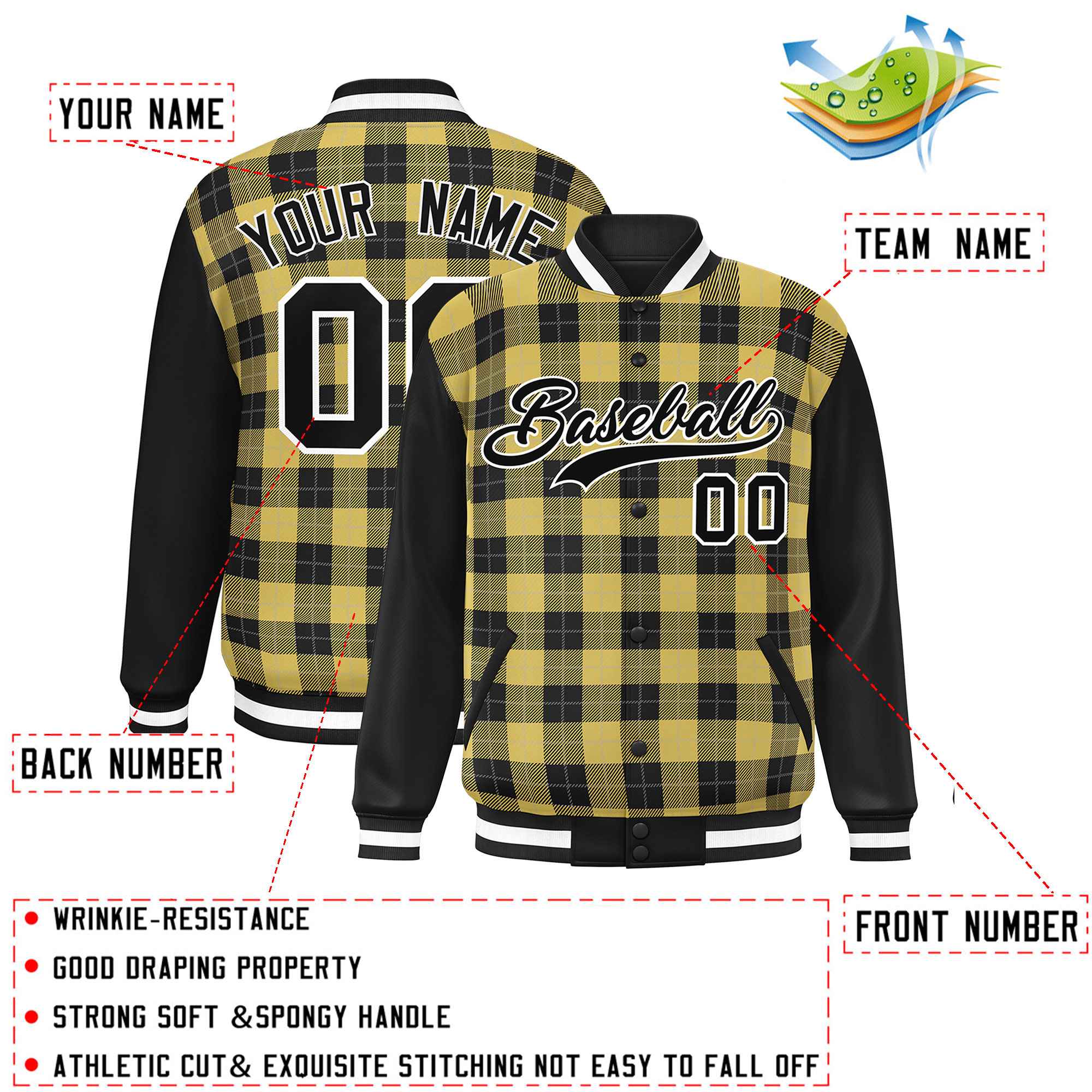 Custom Khaki Black-Gray Varsity Full-Snap Plaid Pattern Letterman Baseball Jacket