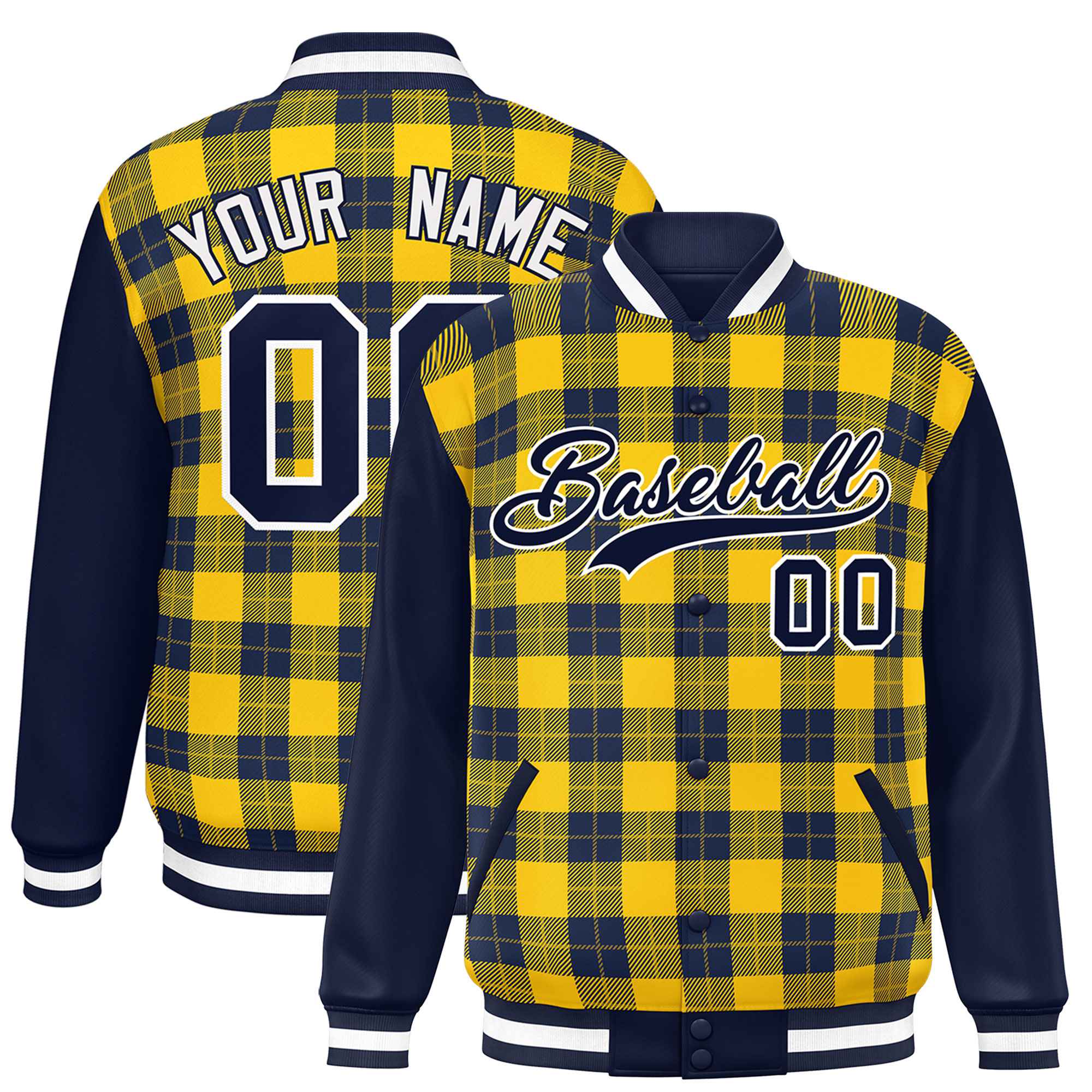 Custom Gold Navy-Gold Varsity Full-Snap Plaid Pattern Letterman Baseball Jacket