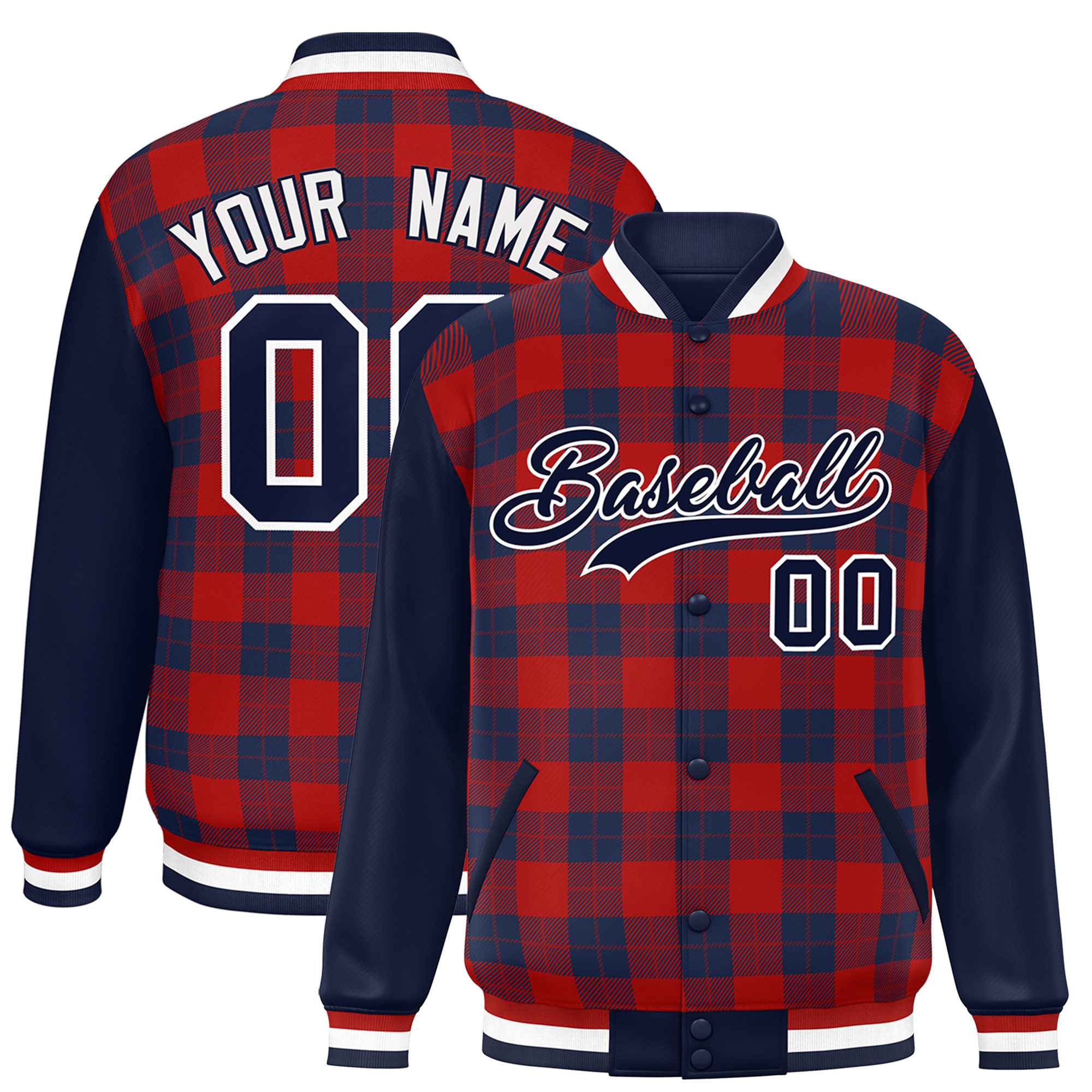 Custom Red Navy-Red Varsity Full-Snap Plaid Pattern Letterman Baseball Jacket