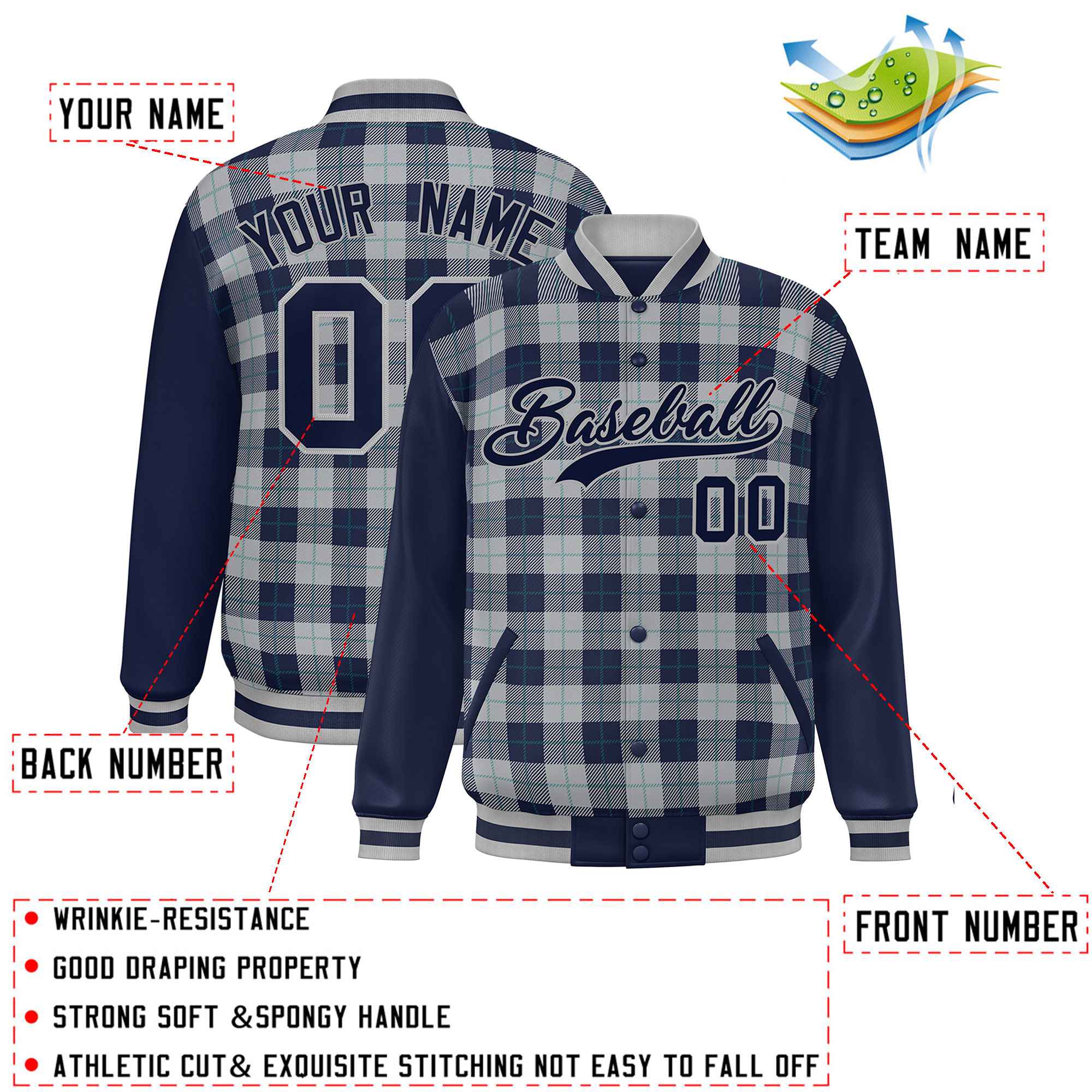 Custom Gray Navy-Aqua Varsity Full-Snap Plaid Pattern Letterman Baseball Jacket