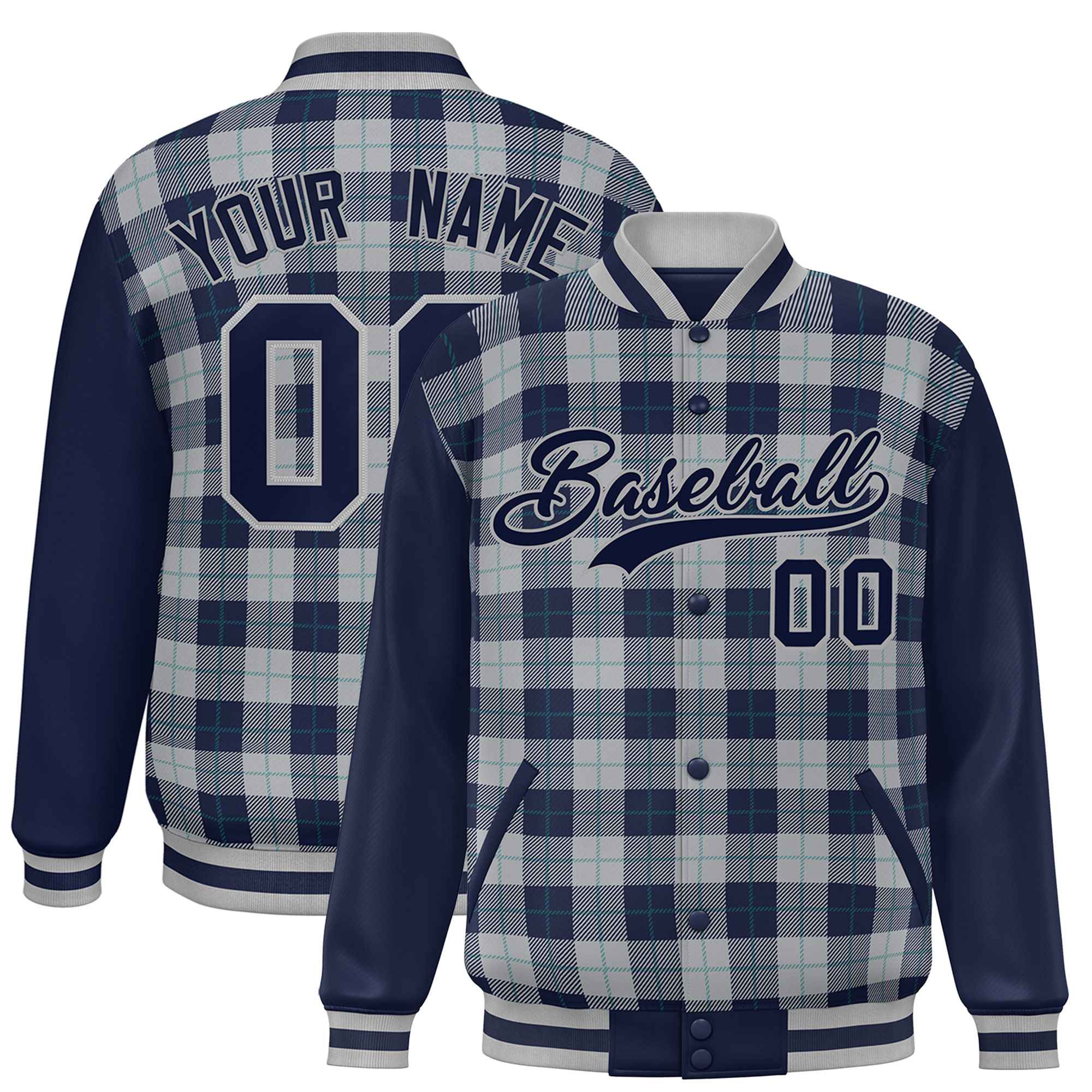 Custom Gray Navy-Aqua Varsity Full-Snap Plaid Pattern Letterman Baseball Jacket