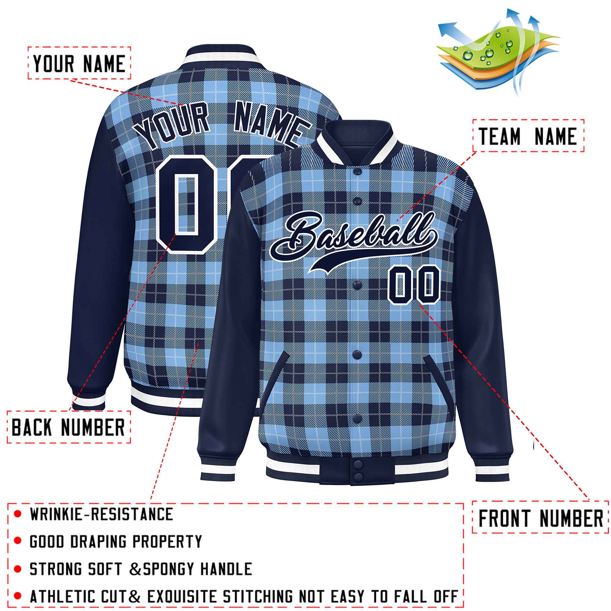 Custom Powder Blue Navy-White Varsity Full-Snap Plaid Pattern Letterman Baseball Jacket