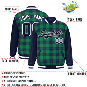 Custom Green Navy-Green Varsity Full-Snap Plaid Pattern Letterman Baseball Jacket