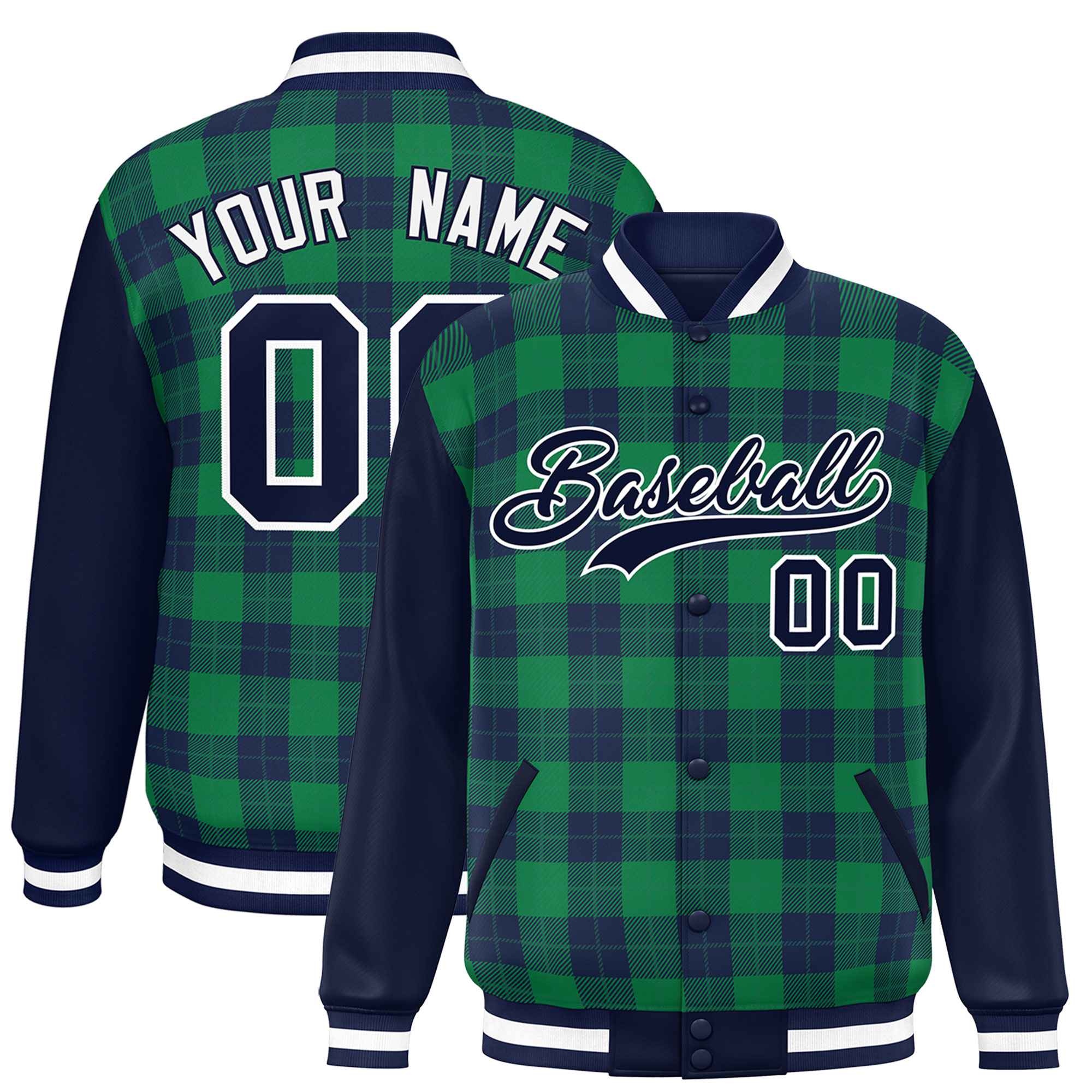 Custom Green Navy-Green Varsity Full-Snap Plaid Pattern Letterman Baseball Jacket