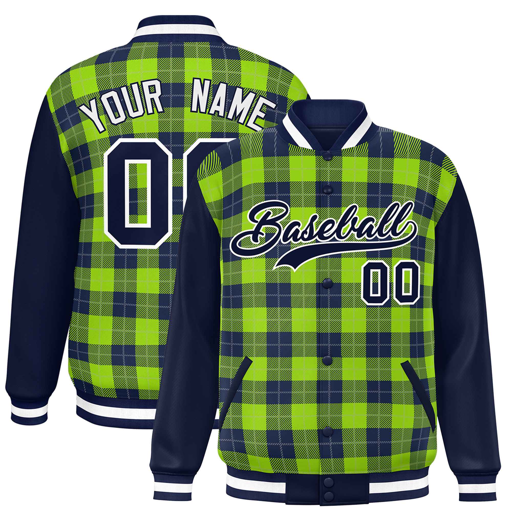 Custom Neon Green Navy-Gray Varsity Full-Snap Plaid Pattern Letterman Baseball Jacket