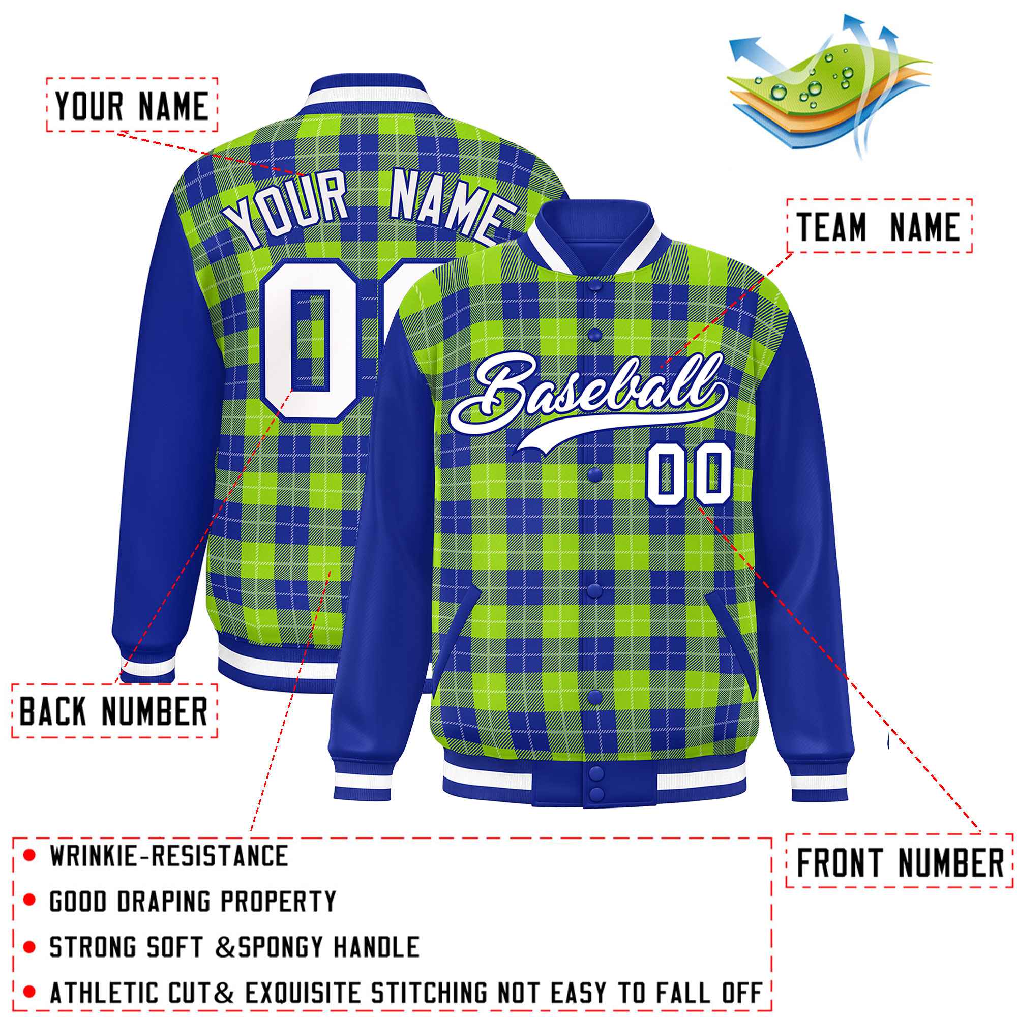 Custom Neon Green Royal-White Varsity Full-Snap Plaid Pattern Letterman Baseball Jacket