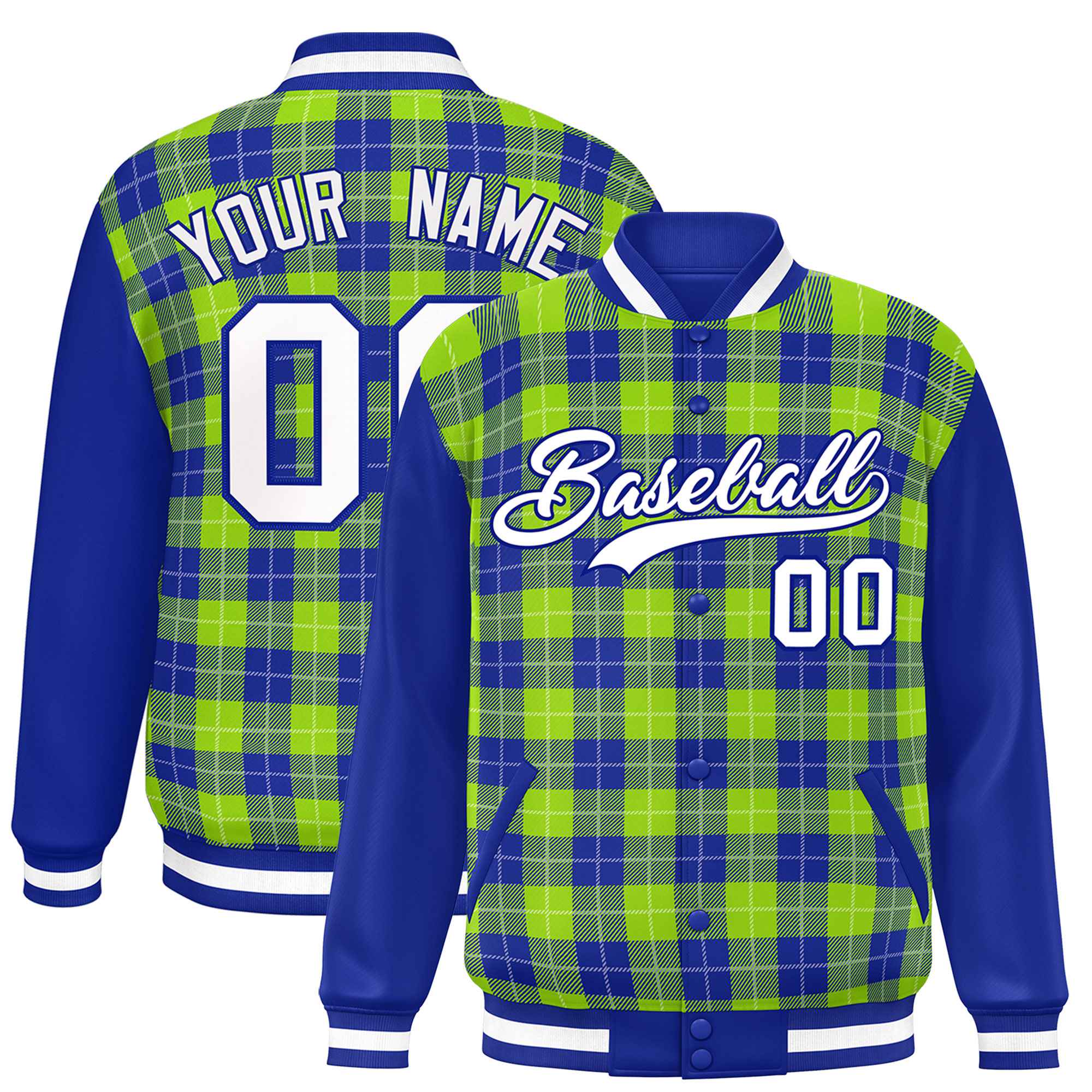 Custom Neon Green Royal-White Varsity Full-Snap Plaid Pattern Letterman Baseball Jacket