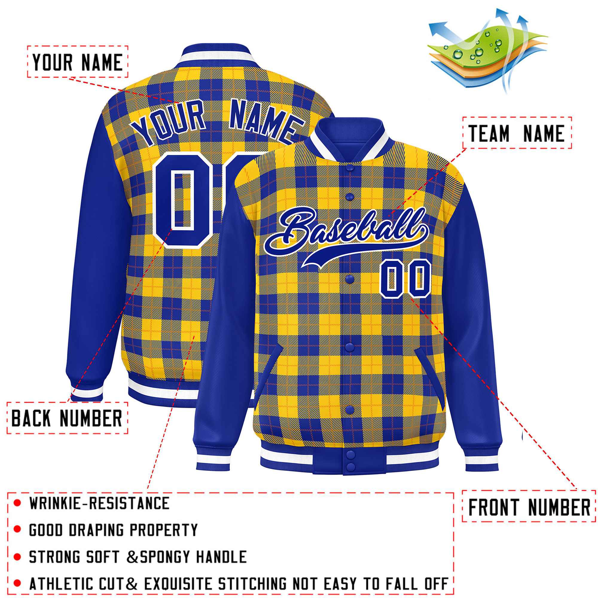 Custom Yellow Royal-Orange Varsity Full-Snap Plaid Pattern Letterman Baseball Jacket