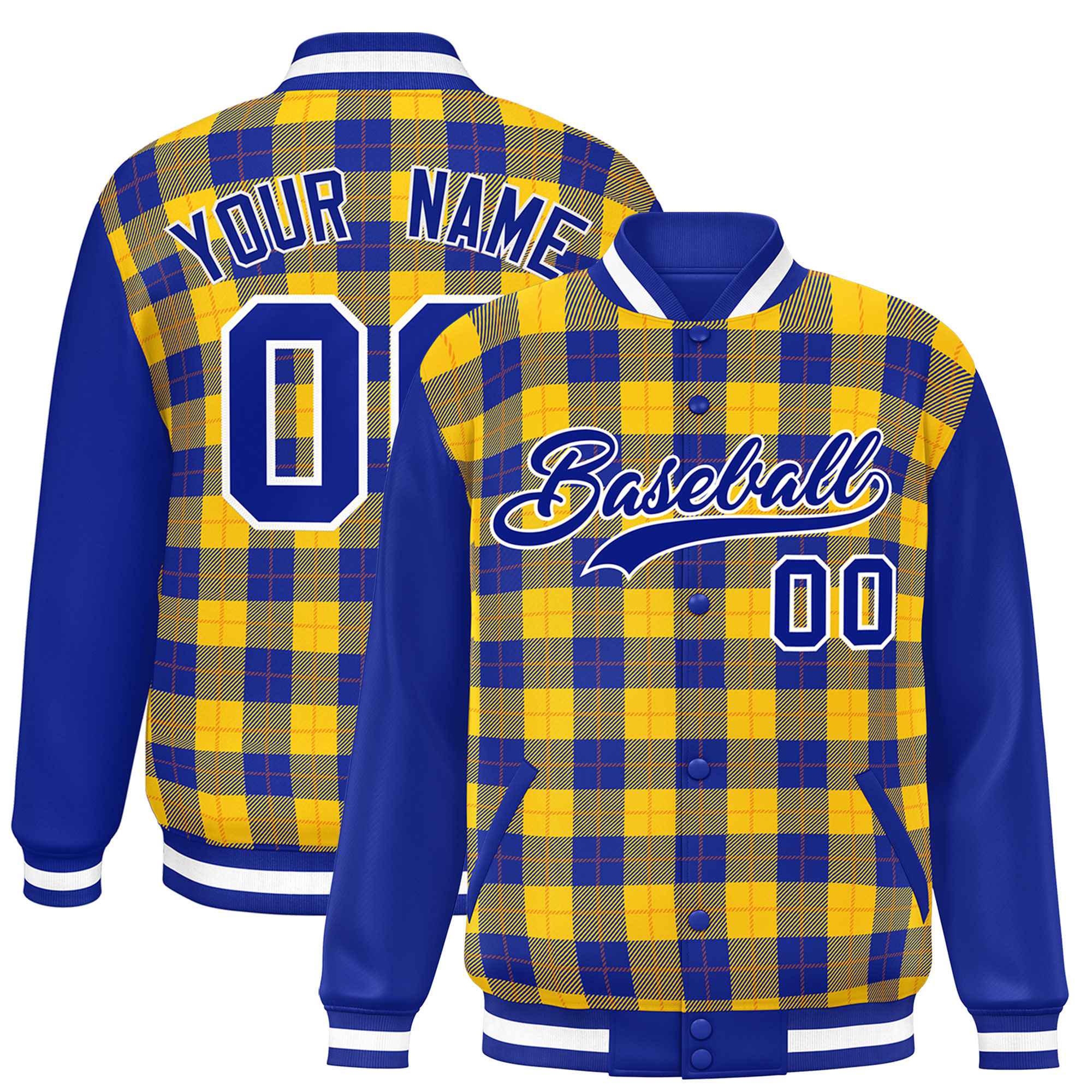 Custom Yellow Royal-Orange Varsity Full-Snap Plaid Pattern Letterman Baseball Jacket