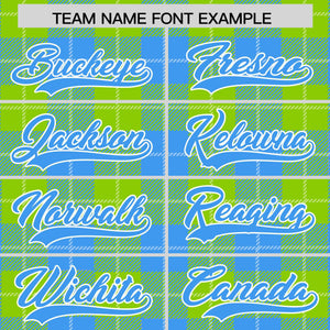 Custom Neon Green Powder Blue-White Varsity Full-Snap Plaid Pattern Letterman Baseball Jacket