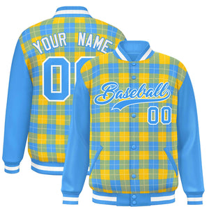 Custom Gold Powder Blue-White Varsity Full-Snap Plaid Pattern Letterman Baseball Jacket