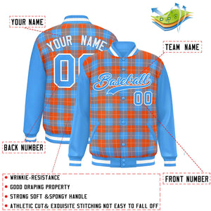 Custom Orange Powder Blue-White Varsity Full-Snap Plaid Pattern Letterman Baseball Jacket