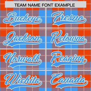 Custom Orange Powder Blue-White Varsity Full-Snap Plaid Pattern Letterman Baseball Jacket