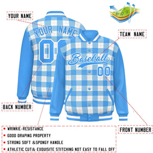 Custom White Powder Blue-Gray Varsity Full-Snap Plaid Pattern Letterman Baseball Jacket