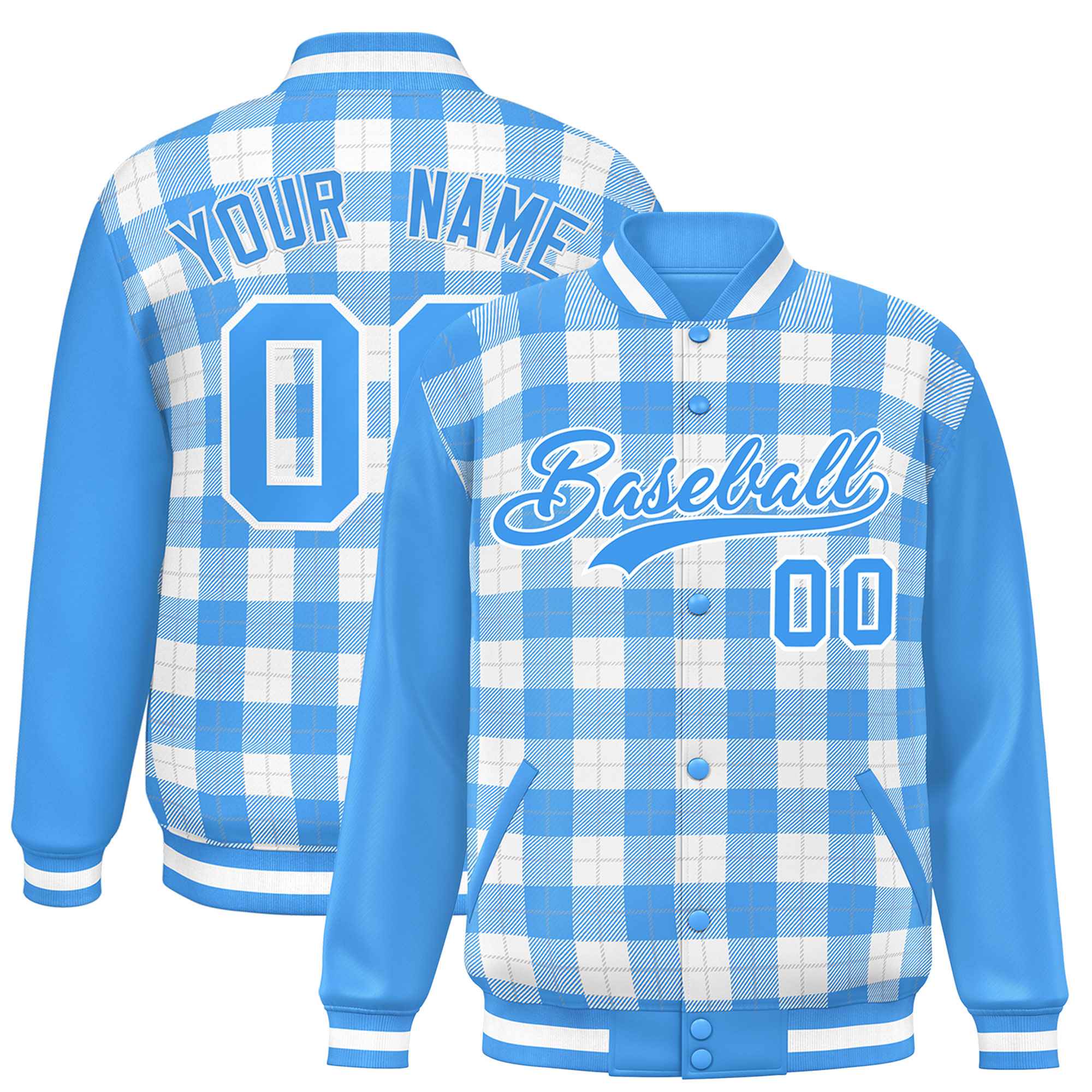 Custom White Powder Blue-Gray Varsity Full-Snap Plaid Pattern Letterman Baseball Jacket