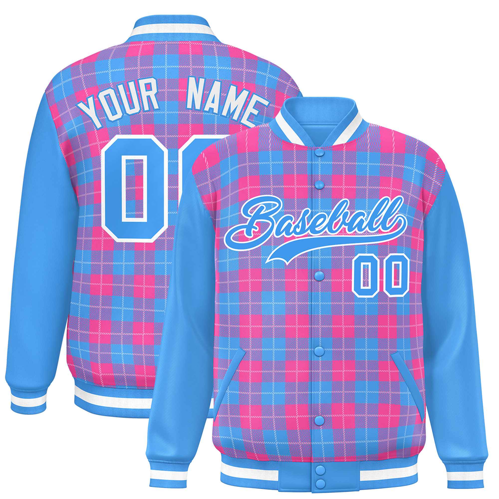 Custom Pink Powder Blue-White Varsity Full-Snap Plaid Pattern Letterman Baseball Jacket