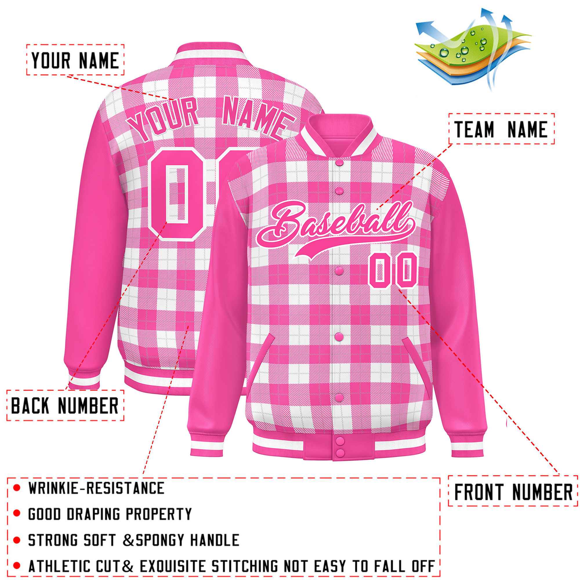 Custom White Pink-Gray Varsity Full-Snap Plaid Pattern Letterman Baseball Jacket