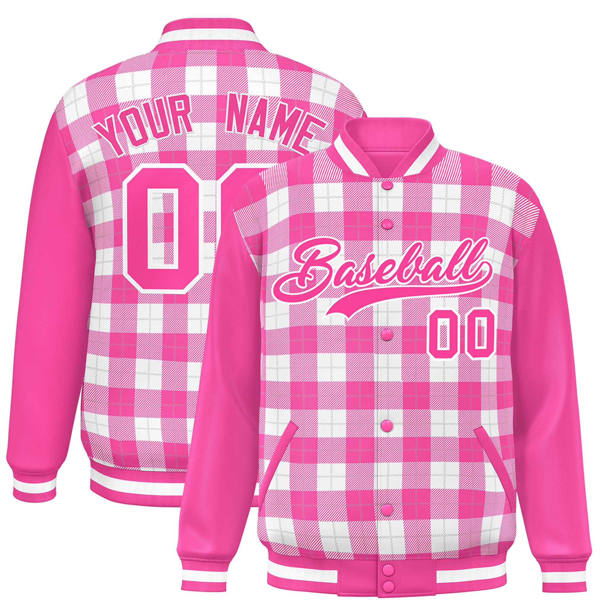 Custom White Pink-Gray Varsity Full-Snap Plaid Pattern Letterman Baseball Jacket