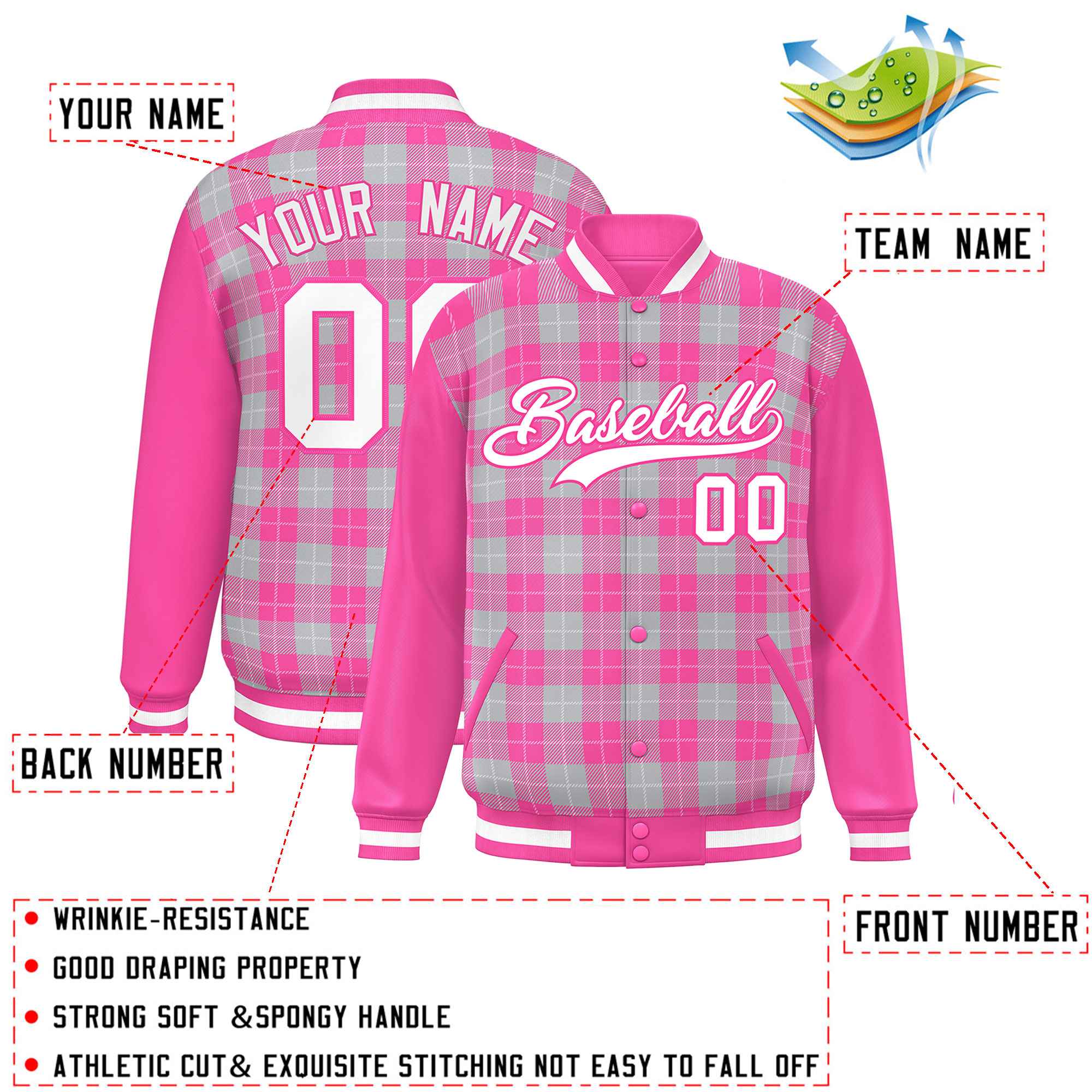 Custom Gray Pink-White Varsity Full-Snap Plaid Pattern Letterman Baseball Jacket