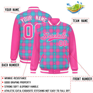 Custom Sky Blue Pink-White Varsity Full-Snap Plaid Pattern Letterman Baseball Jacket