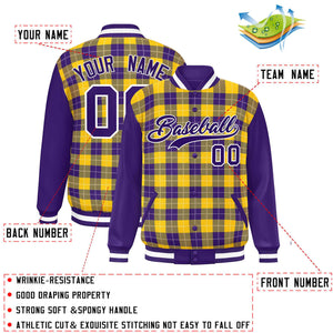 Custom Gold Purple-White Varsity Full-Snap Plaid Pattern Letterman Baseball Jacket