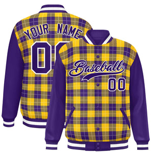 Custom Gold Purple-White Varsity Full-Snap Plaid Pattern Letterman Baseball Jacket