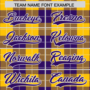 Custom Gold Purple-White Varsity Full-Snap Plaid Pattern Letterman Baseball Jacket