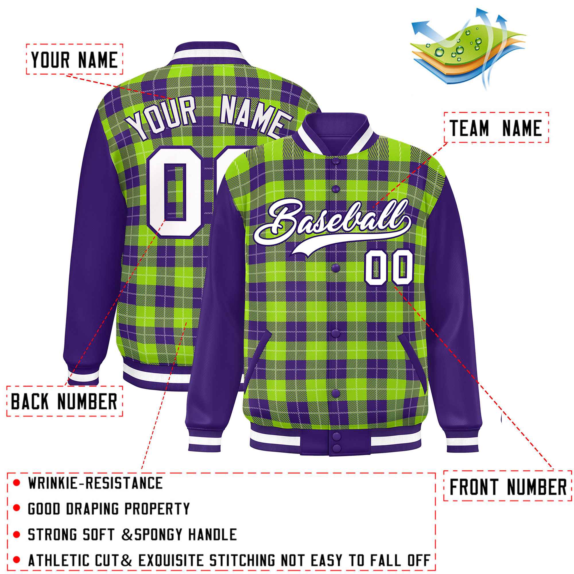 Custom Neon Green Purple-White Varsity Full-Snap Plaid Pattern Letterman Baseball Jacket