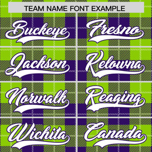 Custom Neon Green Purple-White Varsity Full-Snap Plaid Pattern Letterman Baseball Jacket