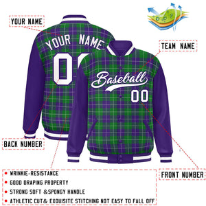 Custom Kelly Green Purple-White Varsity Full-Snap Plaid Pattern Letterman Baseball Jacket