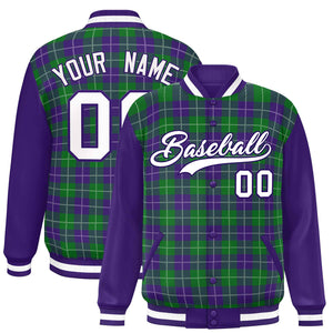 Custom Kelly Green Purple-White Varsity Full-Snap Plaid Pattern Letterman Baseball Jacket