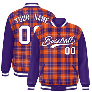 Custom Orange Purple-White Varsity Full-Snap Plaid Pattern Letterman Baseball Jacket