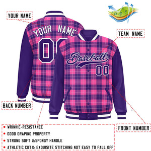 Custom Pink Purple-White Varsity Full-Snap Plaid Pattern Letterman Baseball Jacket