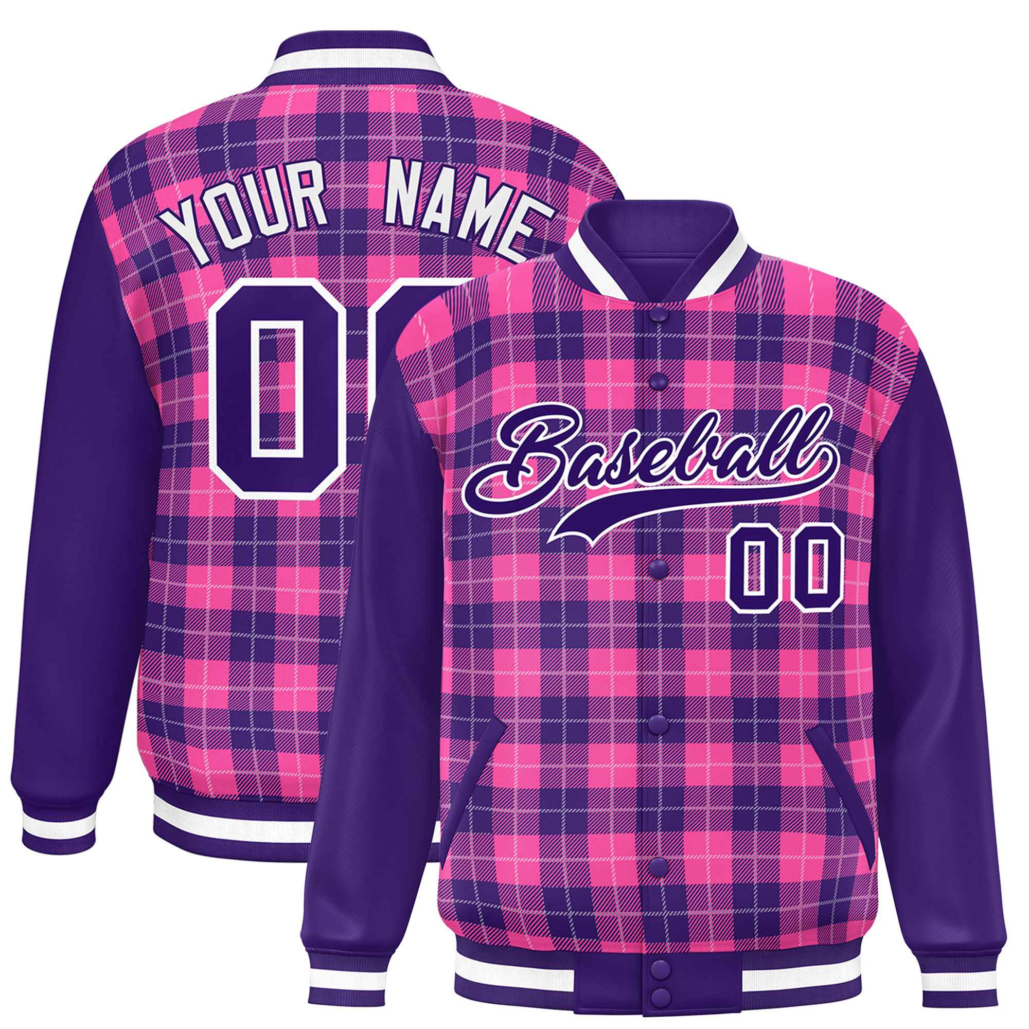 Custom Pink Purple-White Varsity Full-Snap Plaid Pattern Letterman Baseball Jacket