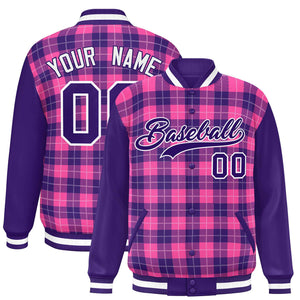 Custom Pink Purple-White Varsity Full-Snap Plaid Pattern Letterman Baseball Jacket