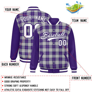 Custom Gray Purple-White Varsity Full-Snap Plaid Pattern Letterman Baseball Jacket