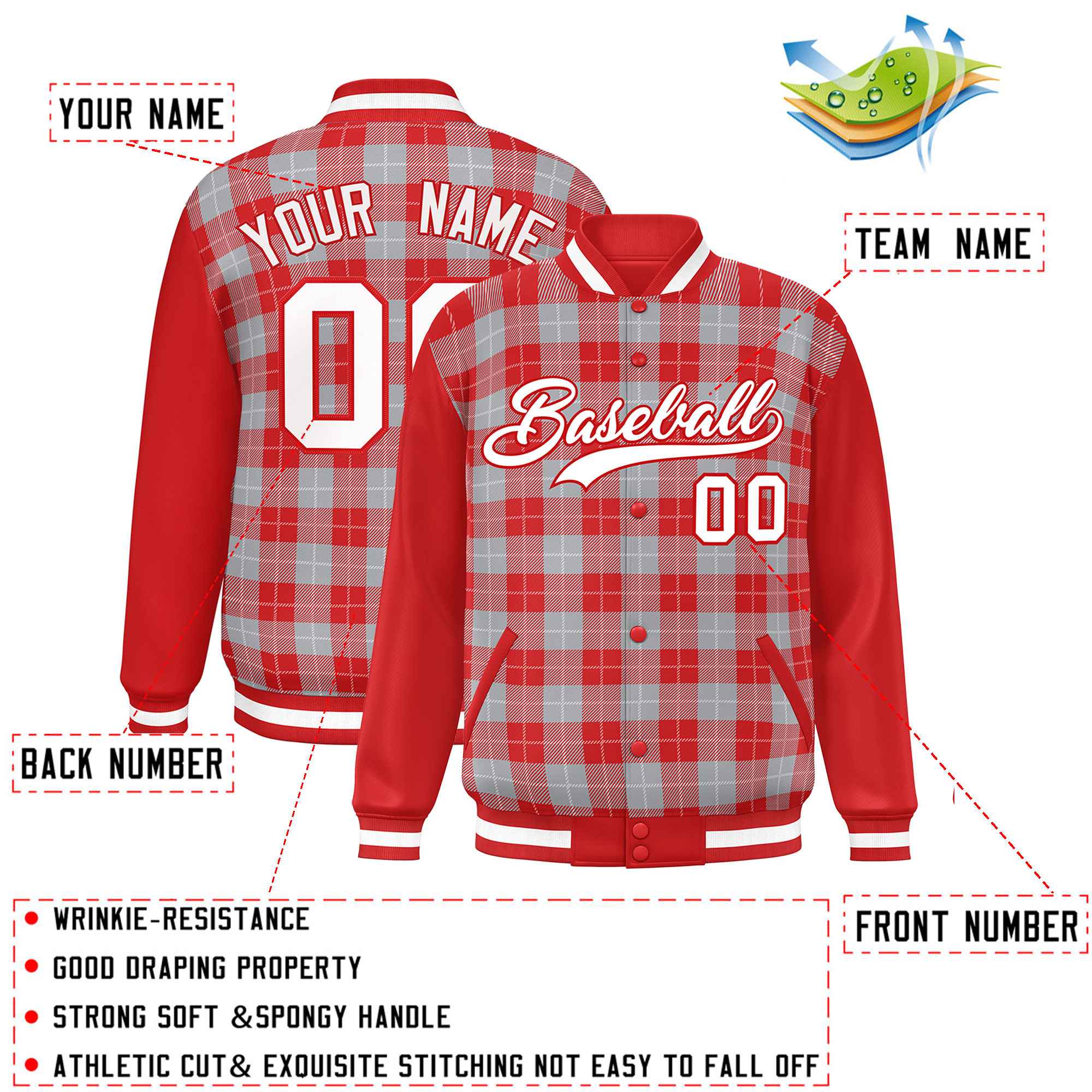 Custom Gray Red-White Varsity Full-Snap Plaid Pattern Letterman Baseball Jacket