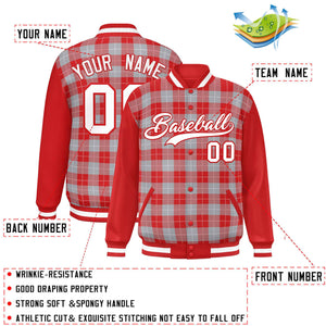 Custom Gray Red-White Varsity Full-Snap Plaid Pattern Letterman Baseball Jacket