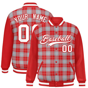 Custom Gray Red-White Varsity Full-Snap Plaid Pattern Letterman Baseball Jacket