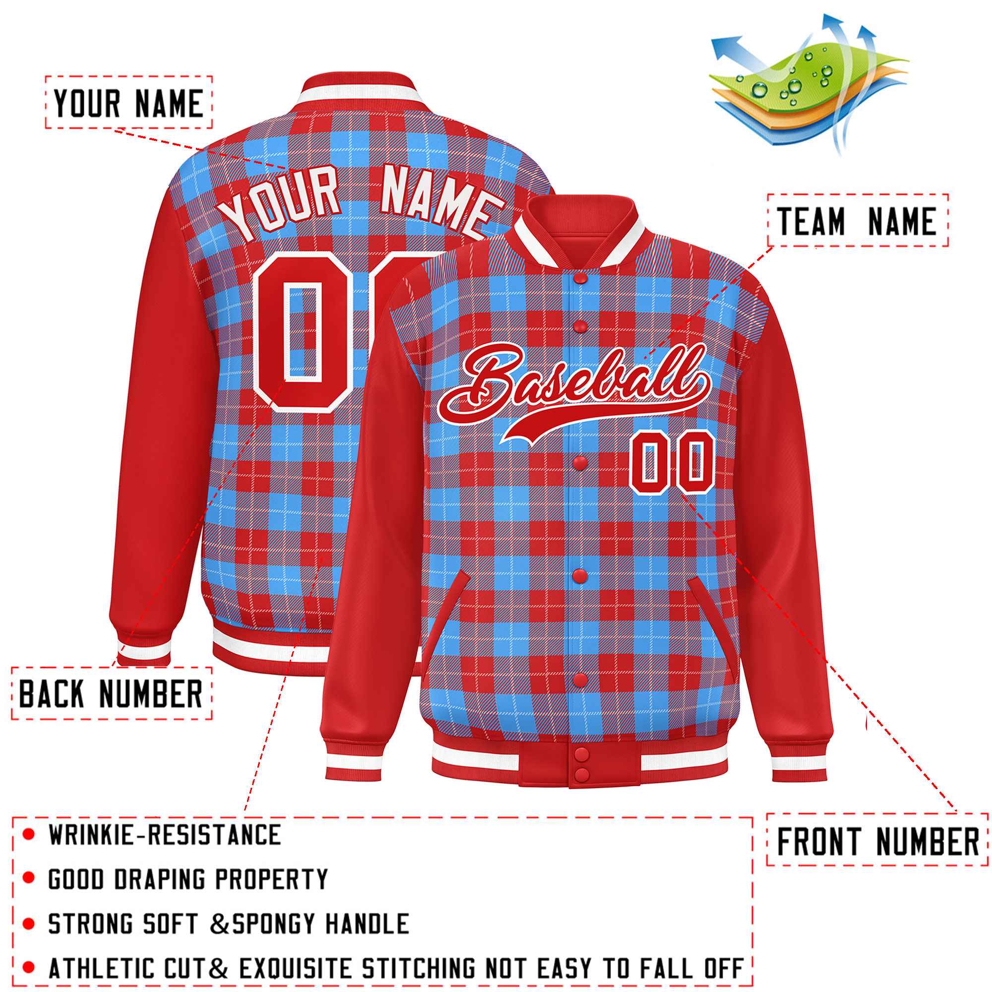 Custom Powder Blue Red-White Varsity Full-Snap Plaid Pattern Letterman Baseball Jacket