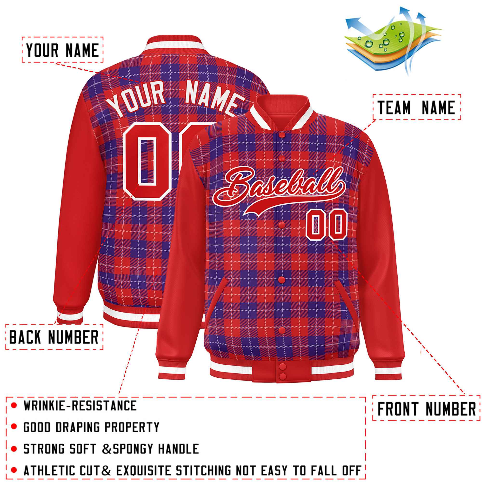 Custom Purple Red-White Varsity Full-Snap Plaid Pattern Letterman Baseball Jacket