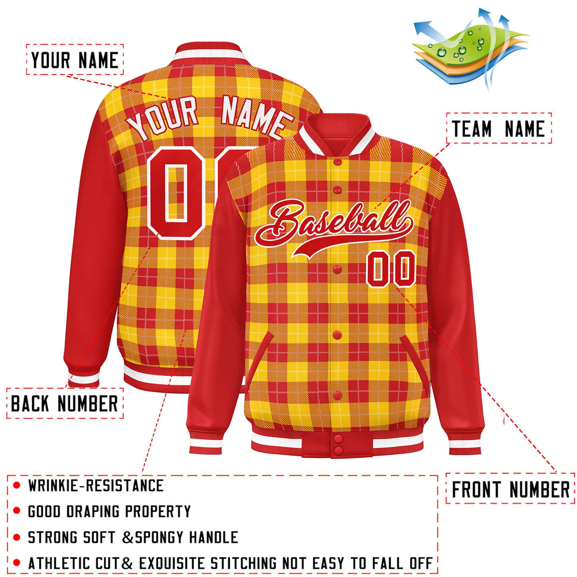 Custom Gold Red-White Varsity Full-Snap Plaid Pattern Letterman Baseball Jacket