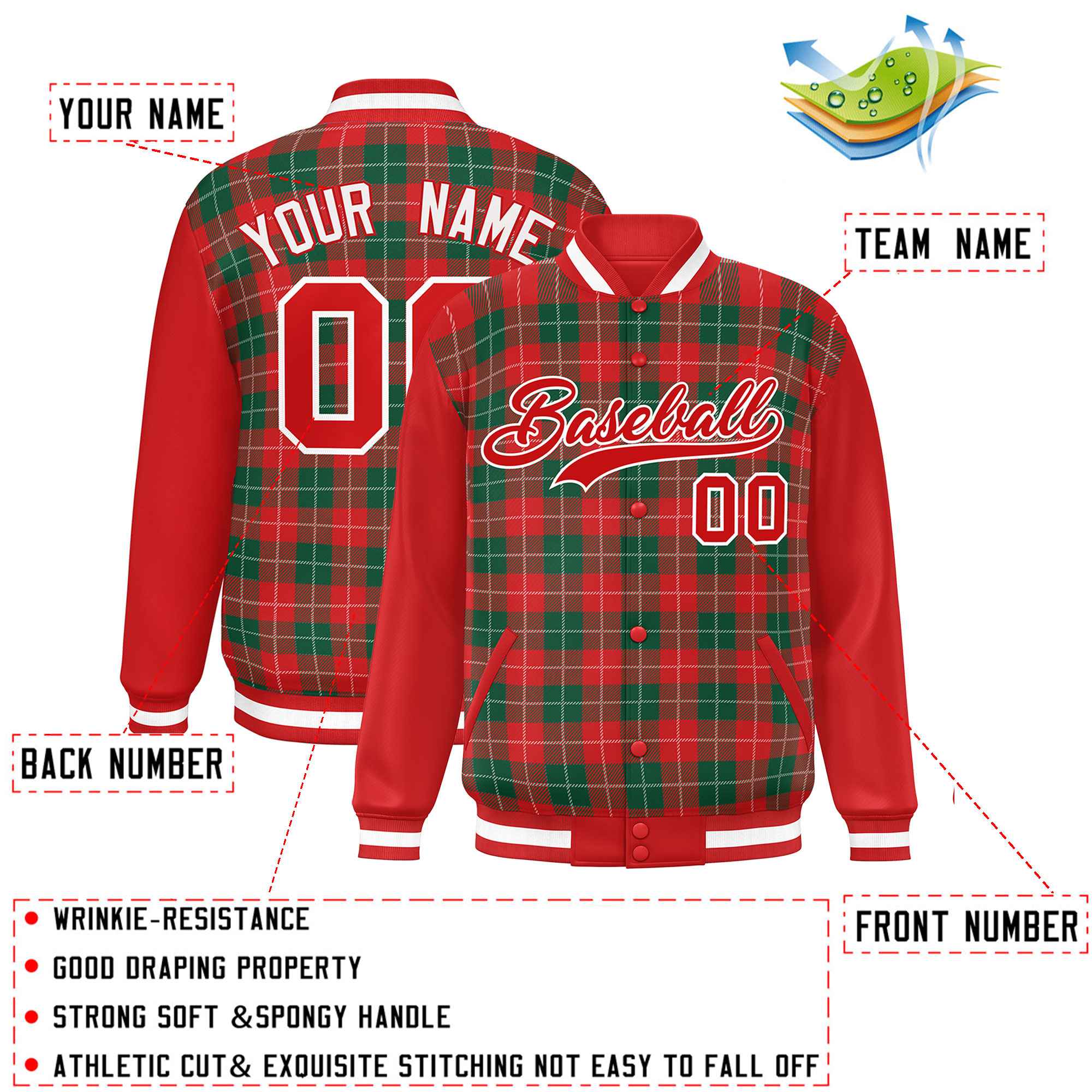 Custom Kelly Green Red-White Varsity Full-Snap Plaid Pattern Letterman Baseball Jacket