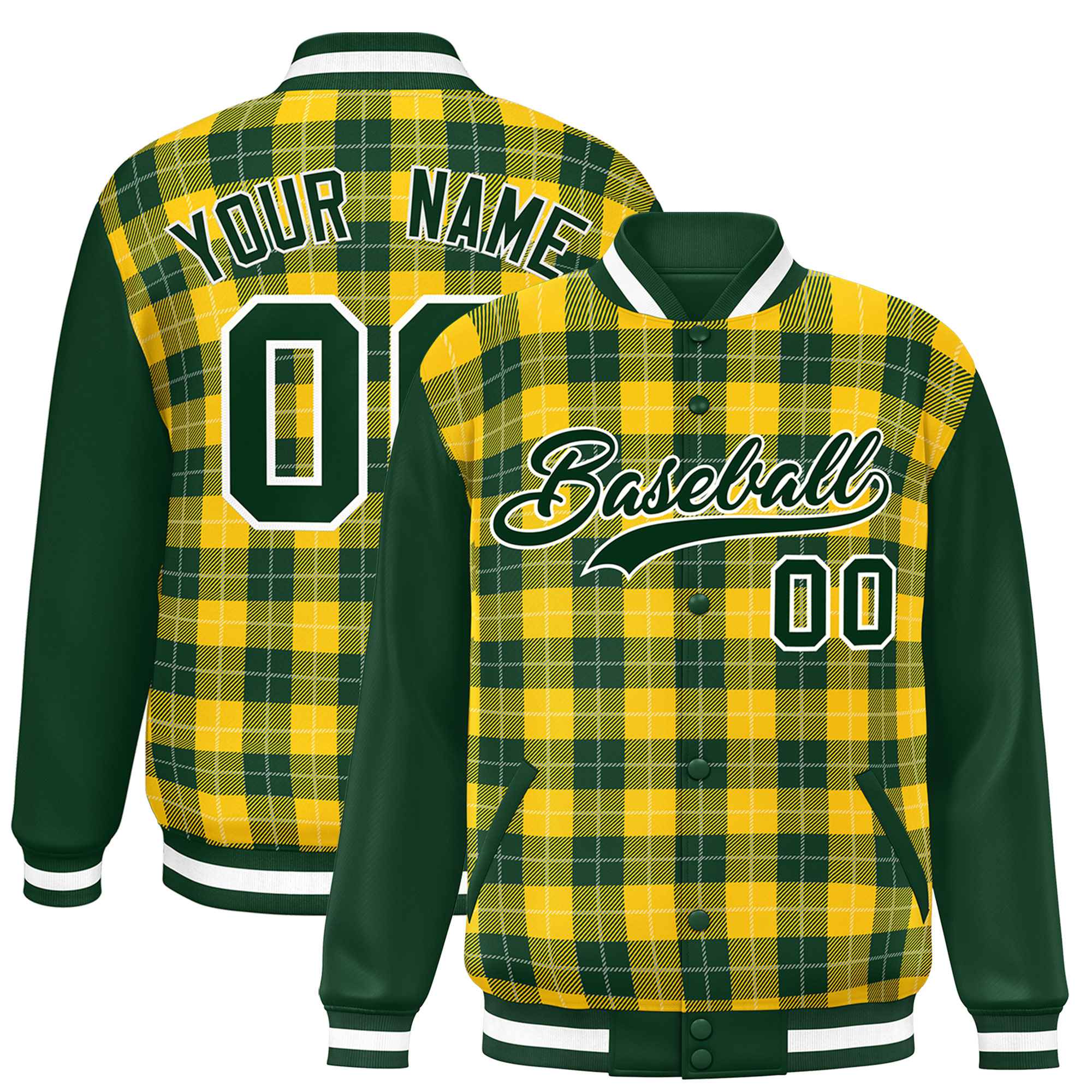 Custom Gold Green-White Varsity Full-Snap Plaid Pattern Letterman Baseball Jacket