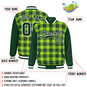 Custom Neon Green Green-White Varsity Full-Snap Plaid Pattern Letterman Baseball Jacket