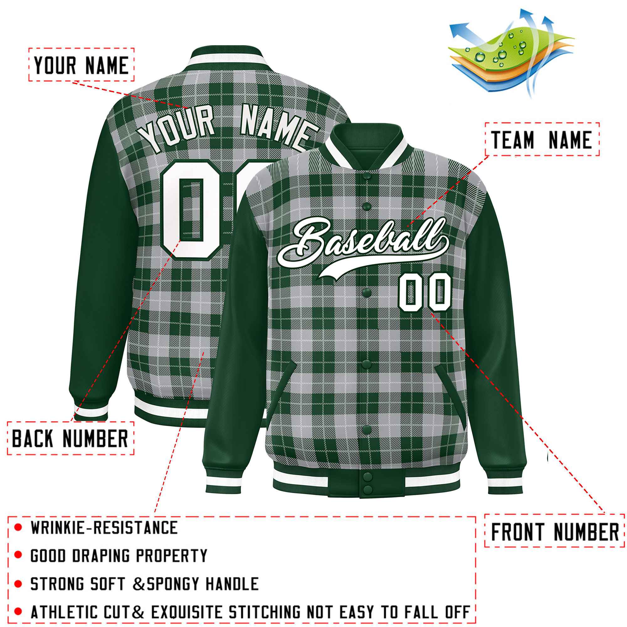 Custom Gray Green-White Varsity Full-Snap Plaid Pattern Letterman Baseball Jacket