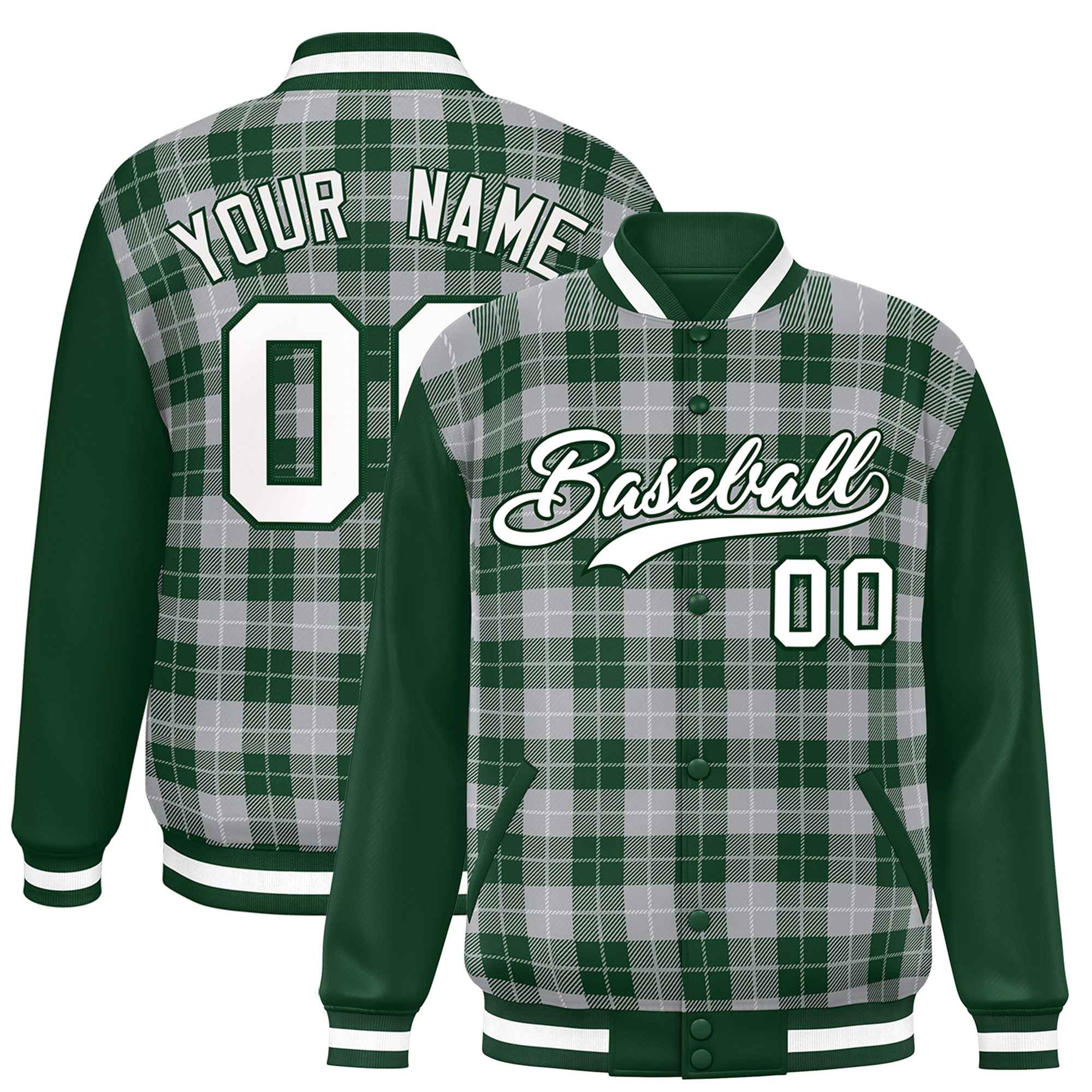 Custom Gray Green-White Varsity Full-Snap Plaid Pattern Letterman Baseball Jacket