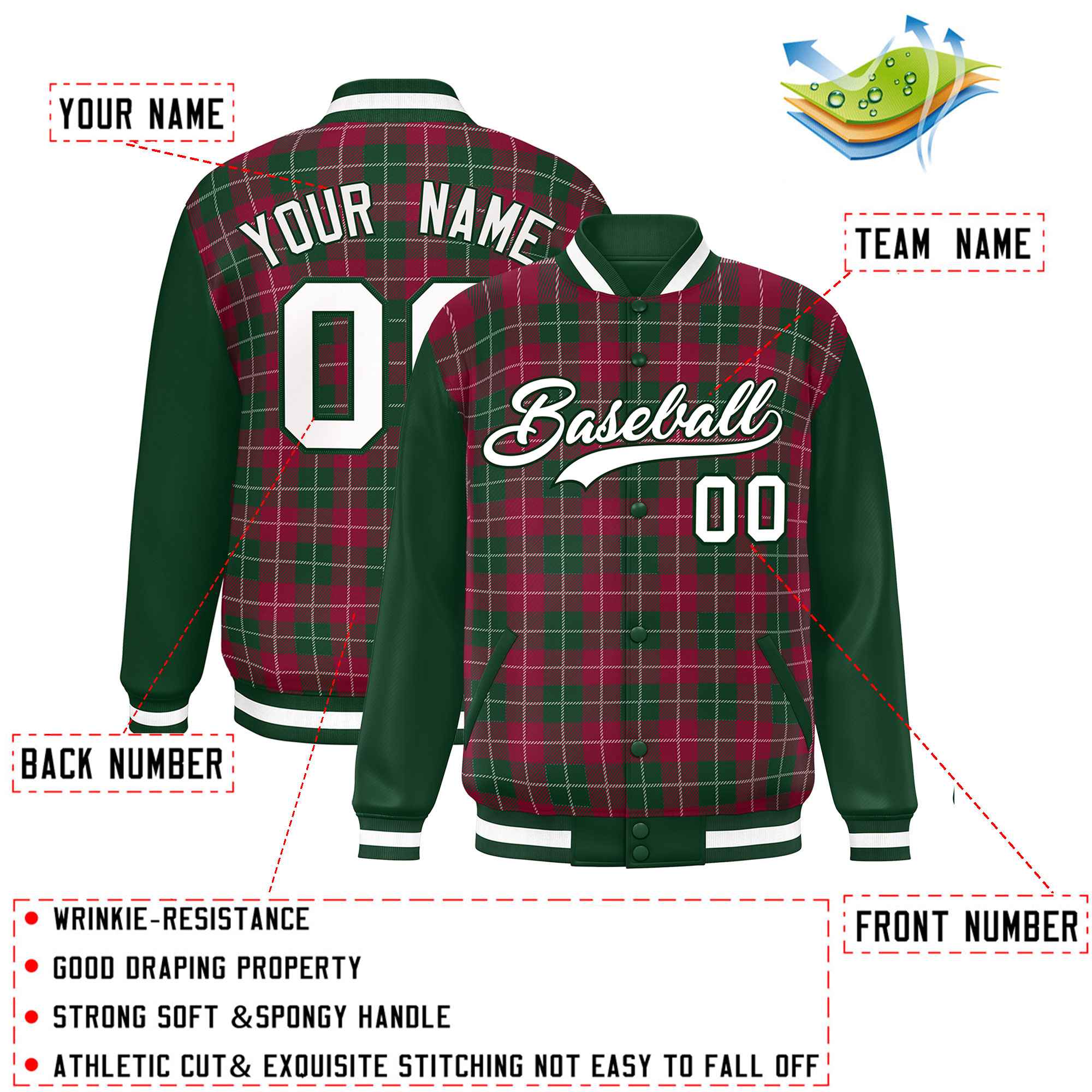 Custom Crimson Green-White Varsity Full-Snap Plaid Pattern Letterman Baseball Jacket